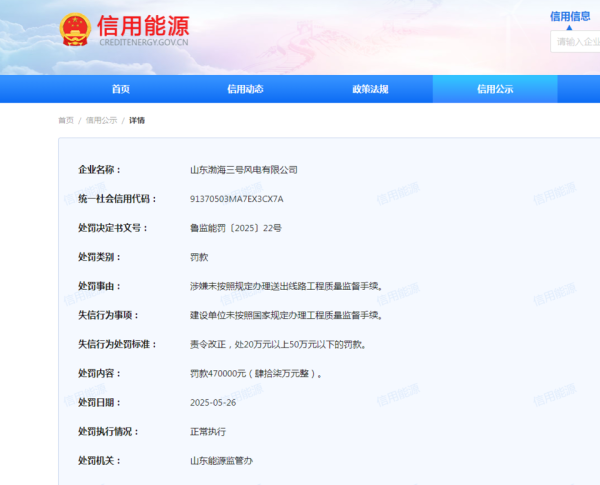 配资658 山东渤海三号风电有限公司违规被罚47万元